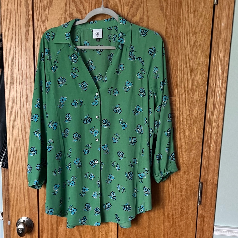 CAbi Go To Green and Blue Floral Button Down Shirt